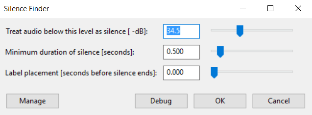 Silence Finder - keep working that "Treat audio below this level as silence [-dB]" variable...